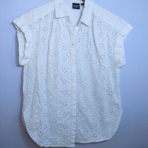 Gap Button Down Blouse White Eyelet Design Cap Sleeve Size Small 100% Cotton